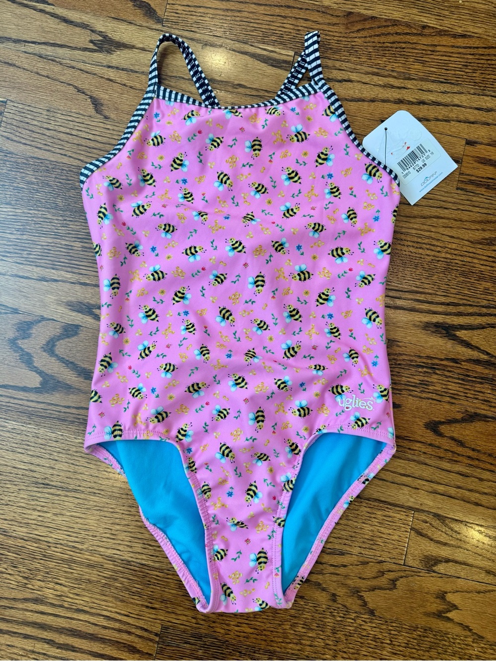 NWT New DOLFIN UGLIES Girls Criss Cross Back Racing Swimsuit Pink Bumblebee 16